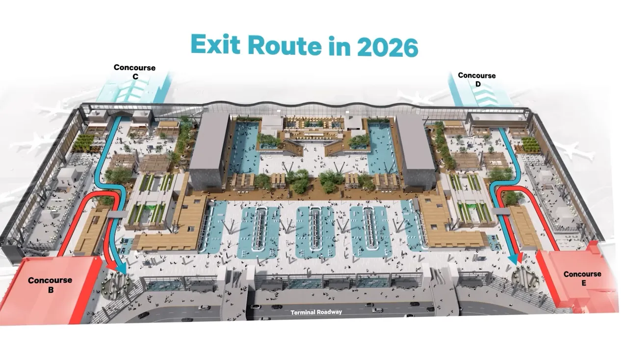 Clear overhead view of PDX airport exit route plan for 2026 with highlighted concourse pathways