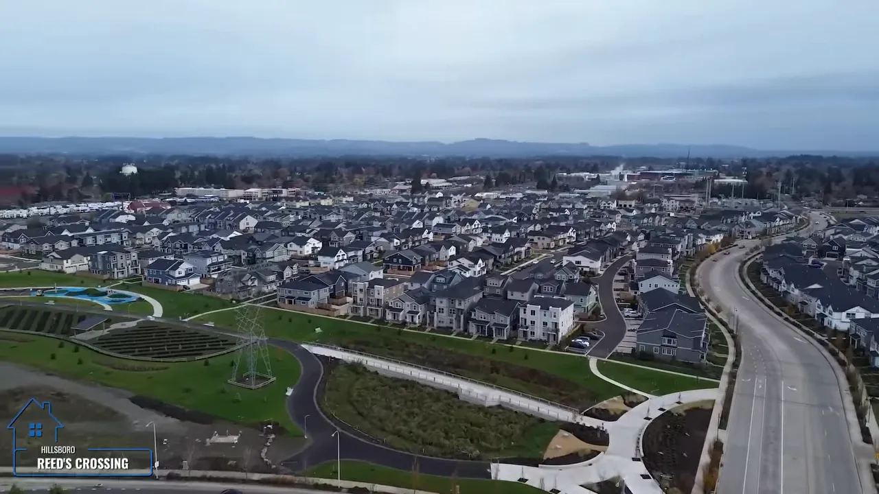 Aerial view of Reed’s Crossing green space and winding streets in Hillsboro, Oregon