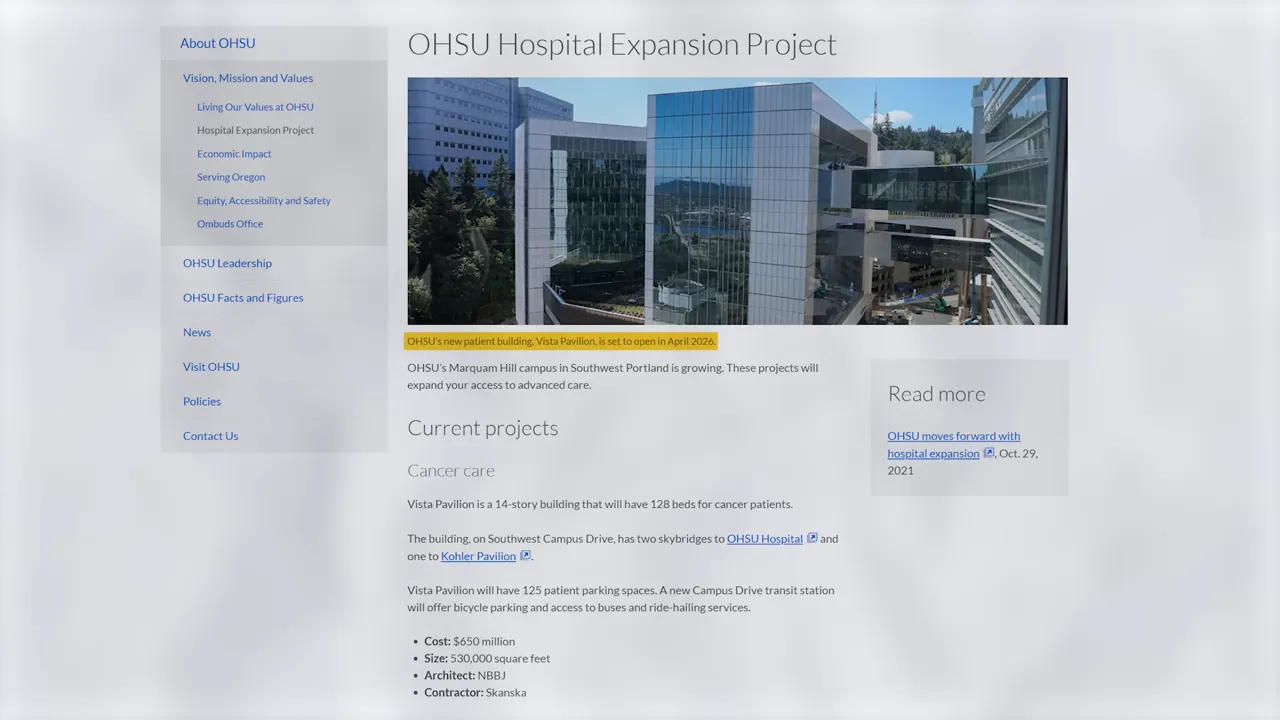 Screenshot of the OHSU Hospital Expansion Project page showing Vista Pavilion at OHSU’s Marquam Hill campus