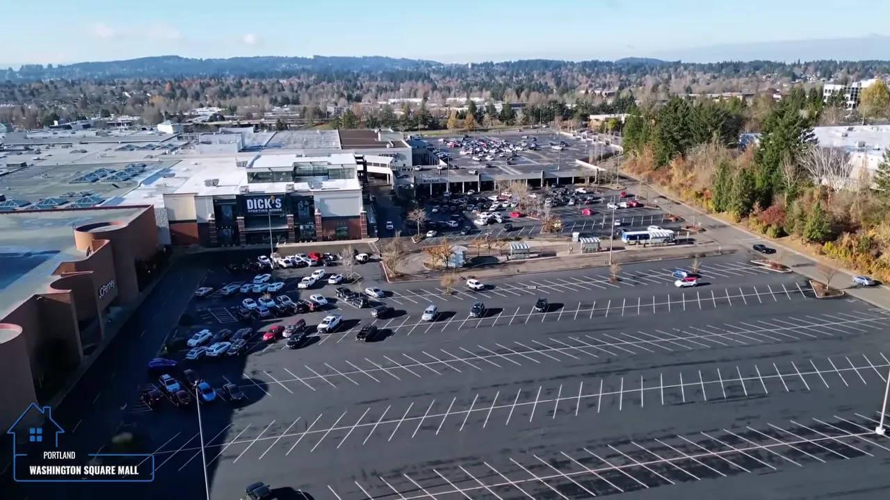 Clear aerial view of Washington Square Mall in Tigard, Oregon showing redevelopment area and parking