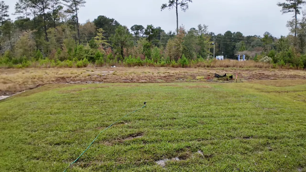 Wide backyard view showing lawn, silt fence and a wooded buffer beyond the lot to illustrate privacy and lot depth.