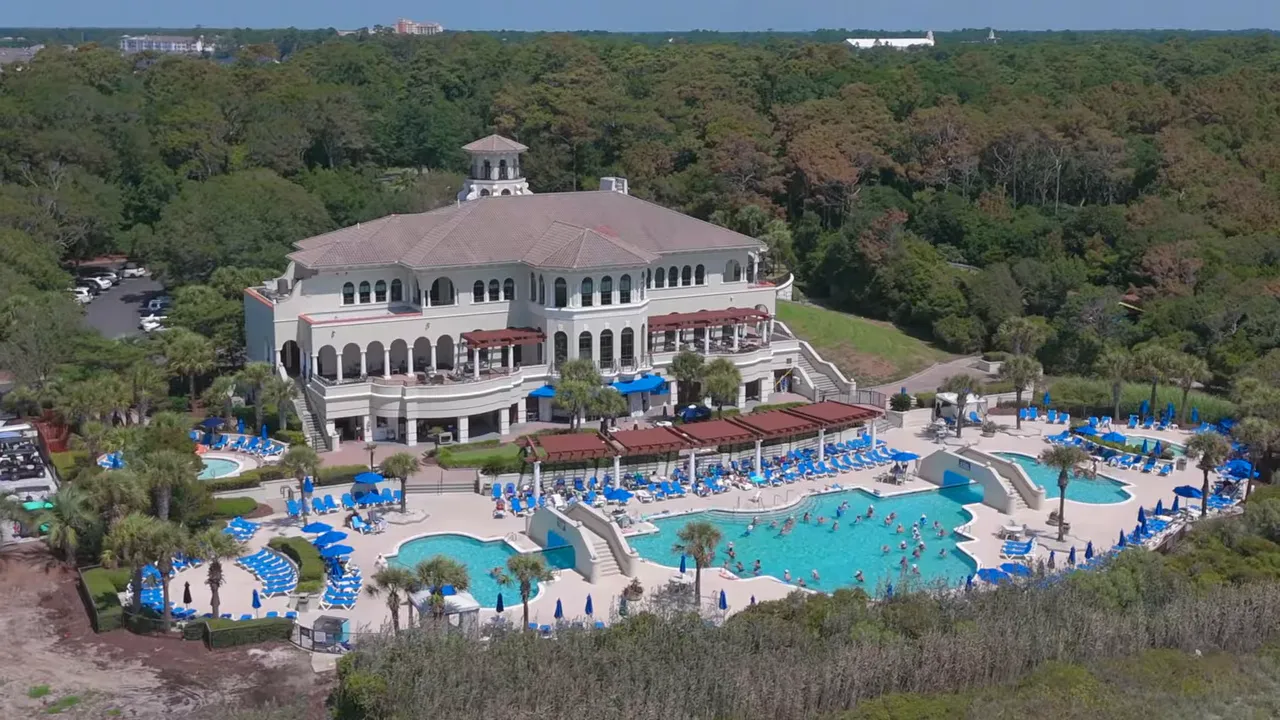 Aerial view of the Grand Dunes Ocean Club pool and clubhouse area
