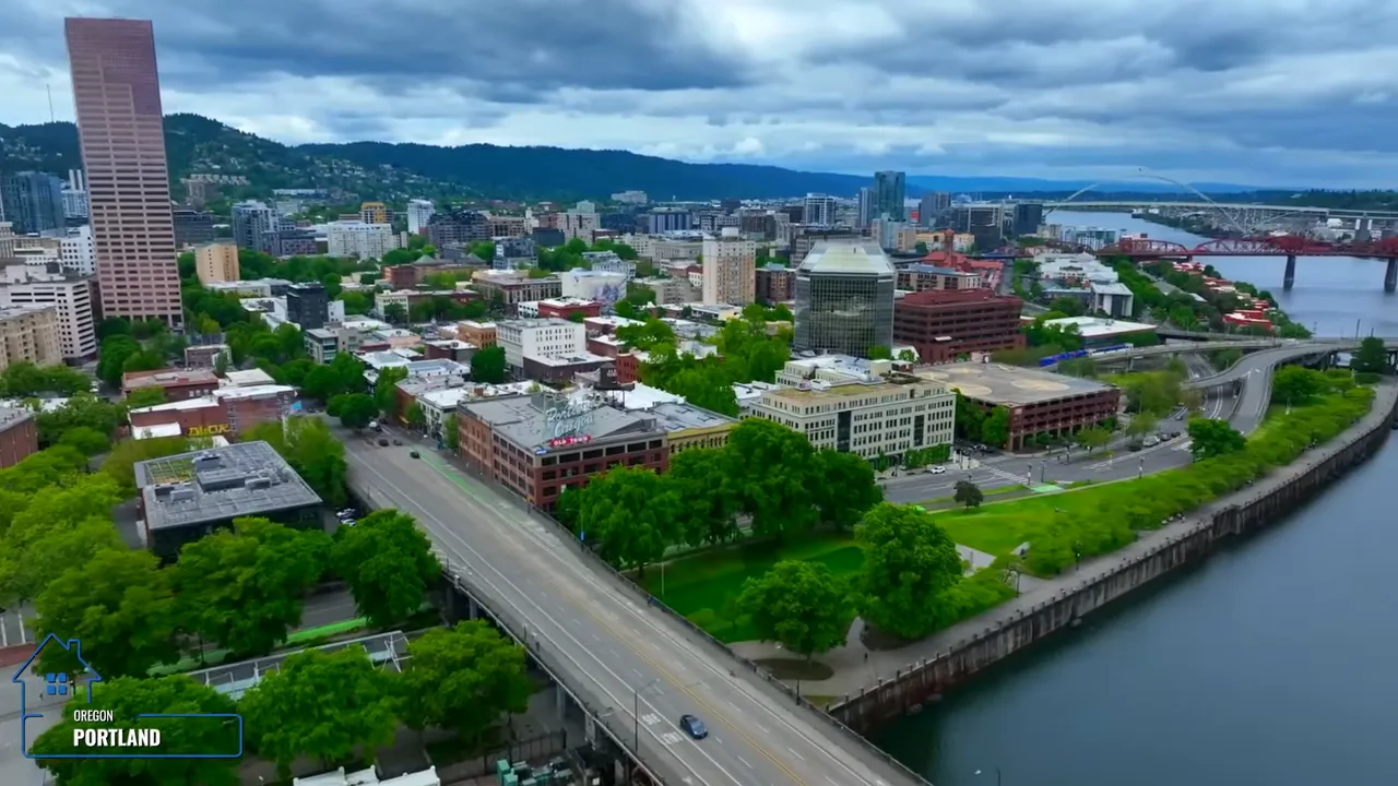 Aerial view of downtown Portland and the Willamette River bridge corridor toward Vancouver, Washington