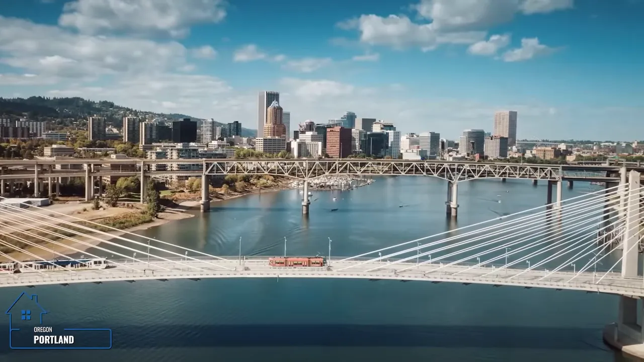 Wide view of Portland bridge and skyline over the river