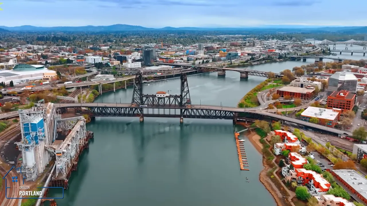 Aerial view of Portland area bridge over the river with surrounding neighborhoods