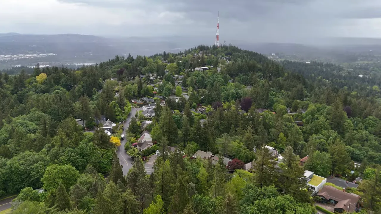Aerial view of forested West Hills neighborhoods above Portland