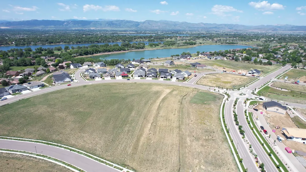 Aerial view of roads and open land planned for development