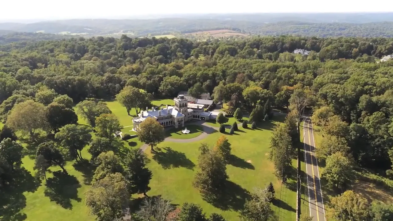 Aerial landscape view of central New Jersey with open fields and tree cover