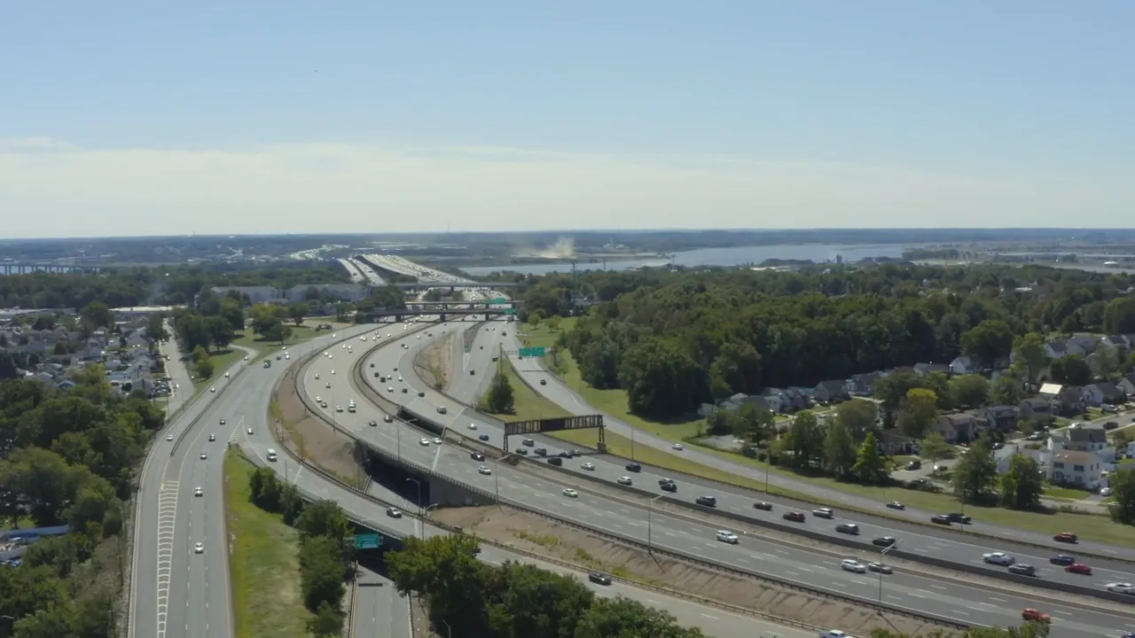 Aerial view of highways and bridges in New Jersey showing commuting routes