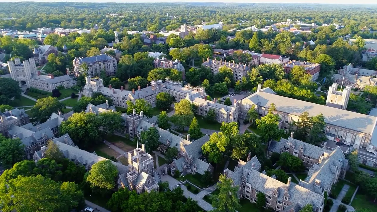 Aerial view of a town neighborhood in Central Jersey with trees and residential buildings