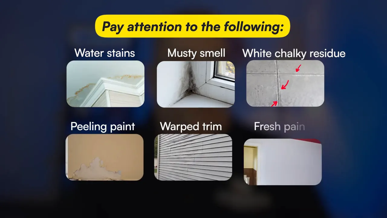 graphic listing basement warning signs including water stains musty smell white chalky residue peeling paint warped trim and fresh paint