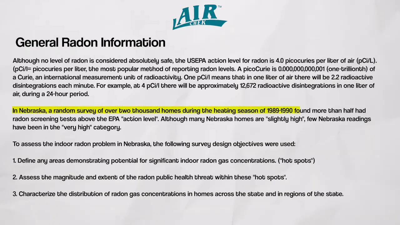 general radon information sheet with highlighted sentence about Nebraska homes testing above EPA action level