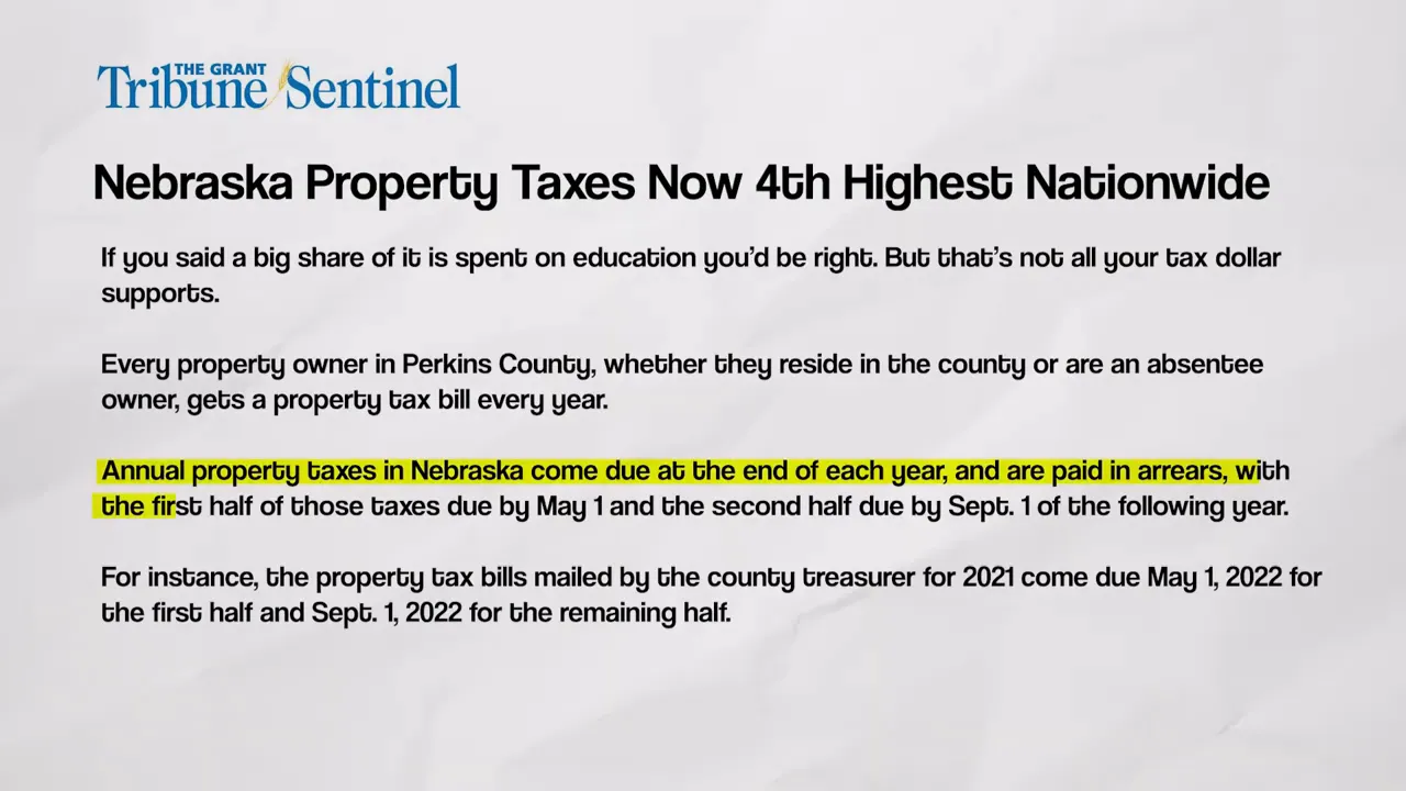 article titled Nebraska Property Taxes Now 4th Highest Nationwide with highlighted section explaining taxes are due in arrears
