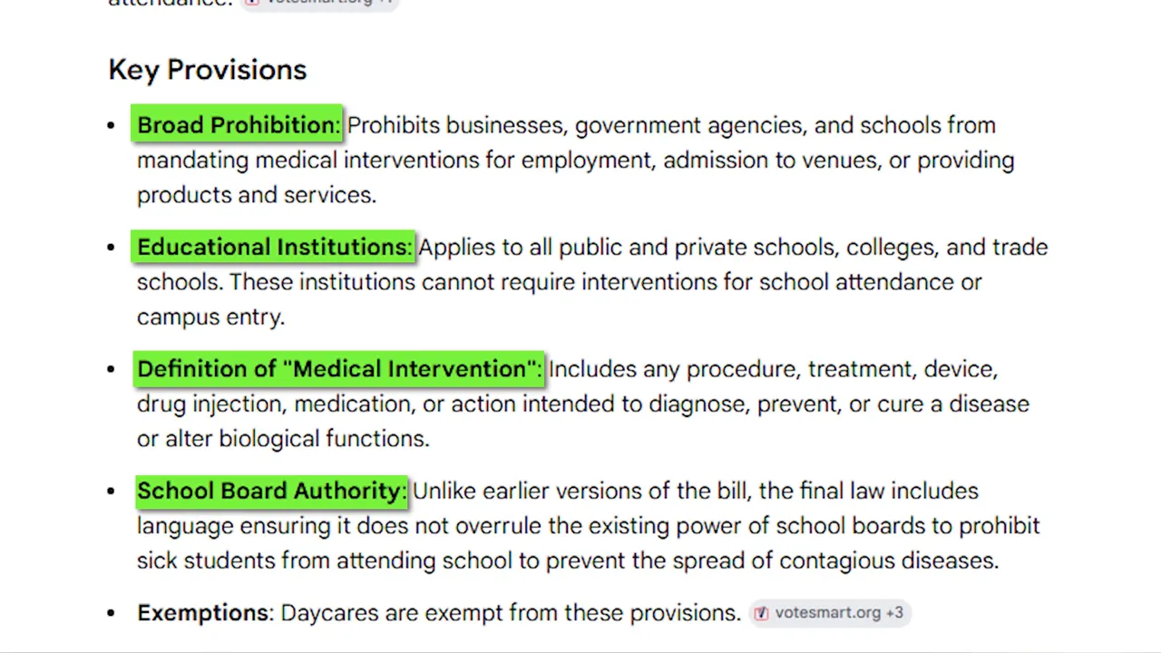 Medical Freedom Act document with highlighted provisions about mandated medical interventions and school board authority