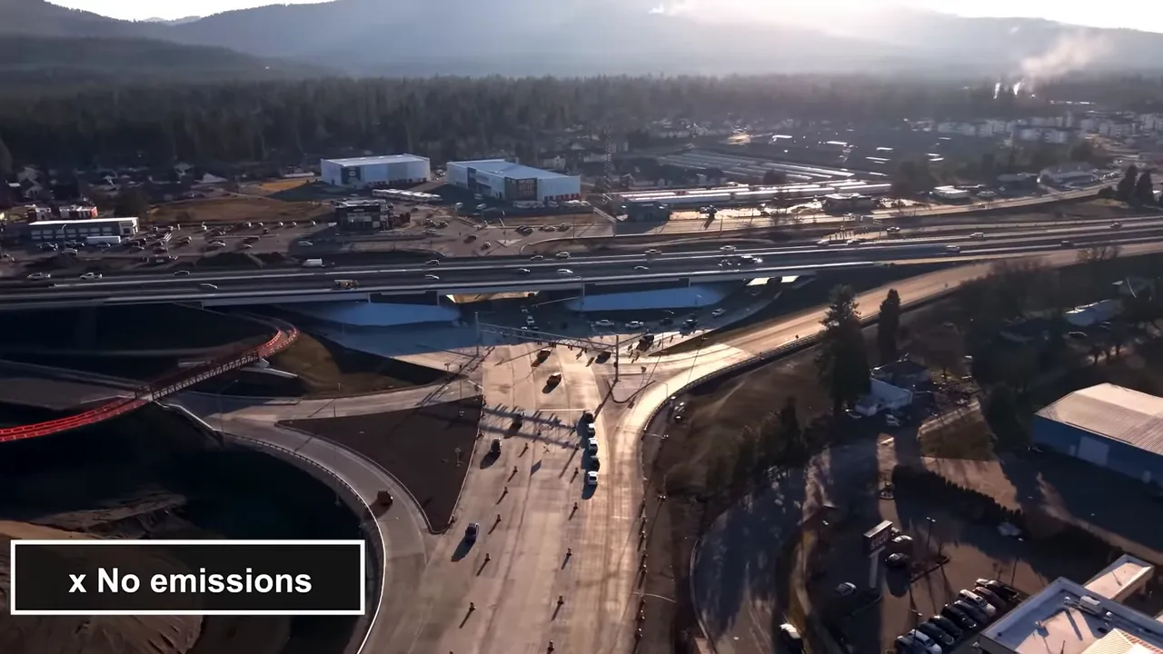 Aerial view of highway interchange with text stating no emissions inspections