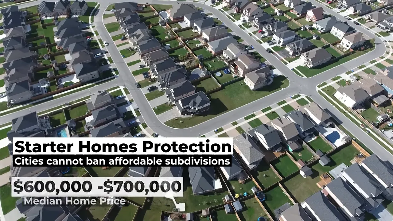 Aerial neighborhood graphic labeled starter homes protection with median home price range