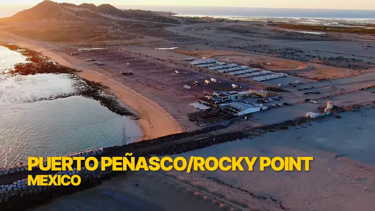 Aerial view of Puerto Peñasco coastline with Rocky Point text