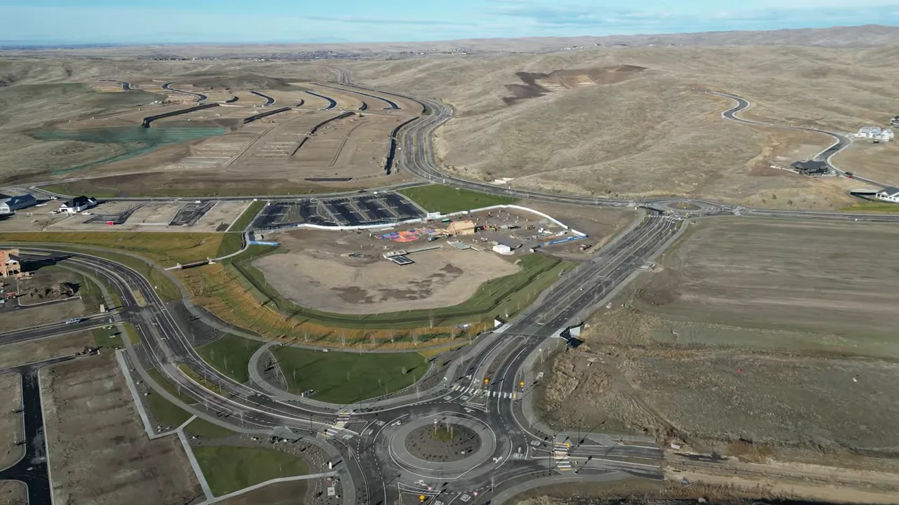 Aerial view of valnova community amenity area and road intersections under development