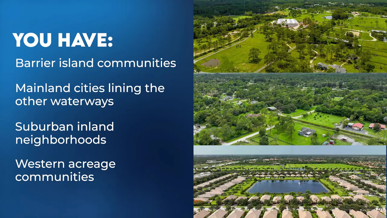 Blue slide listing barrier island communities mainland cities suburban inland neighborhoods and western acreage communities