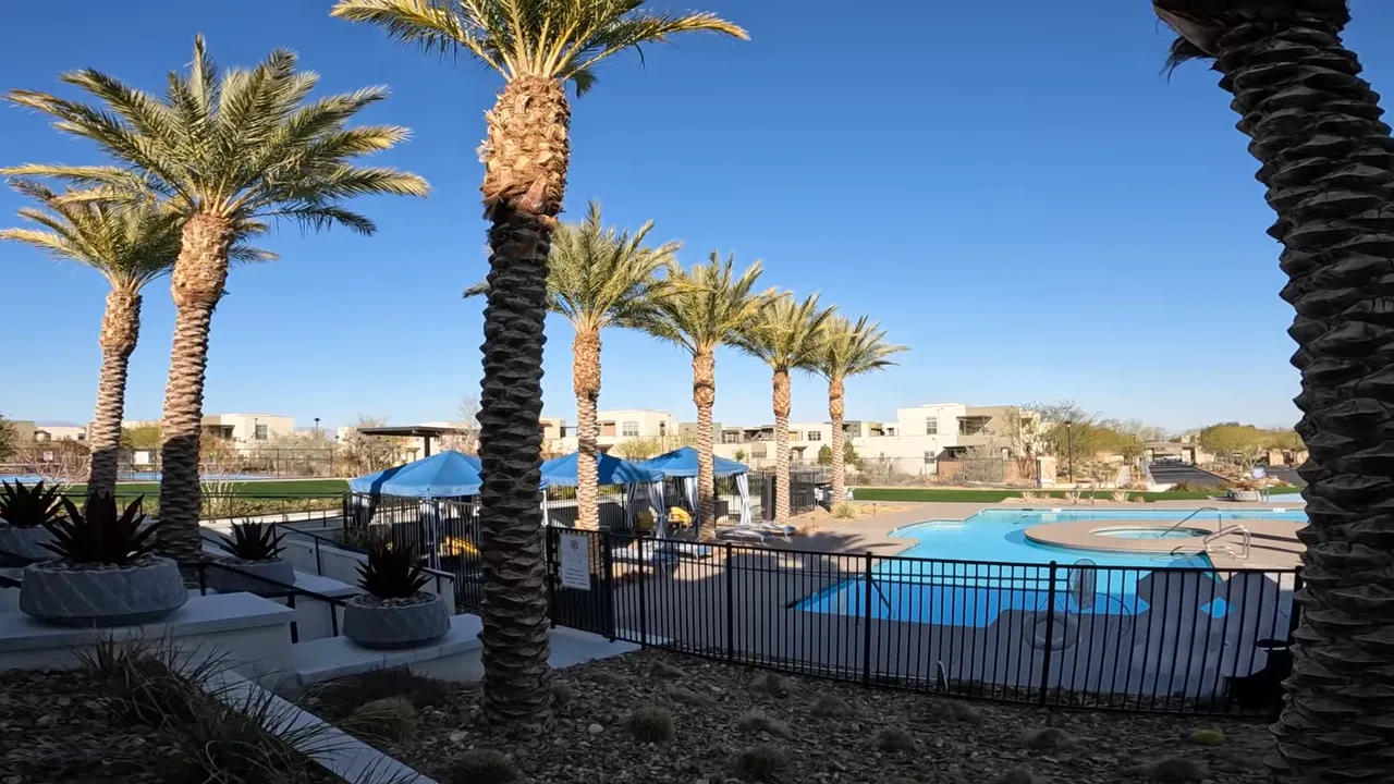 Palm-lined community swimming pool with lounge chairs