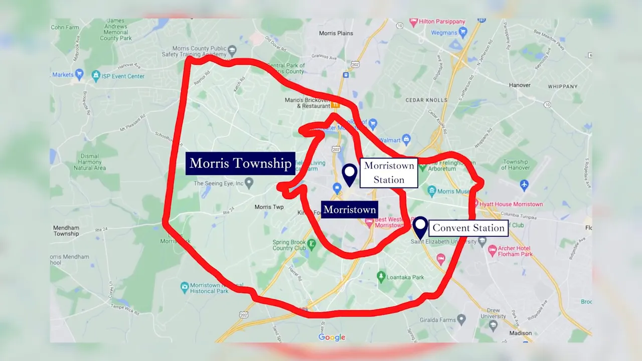 map of Morris Township and Morristown with station markers and red outlined areas