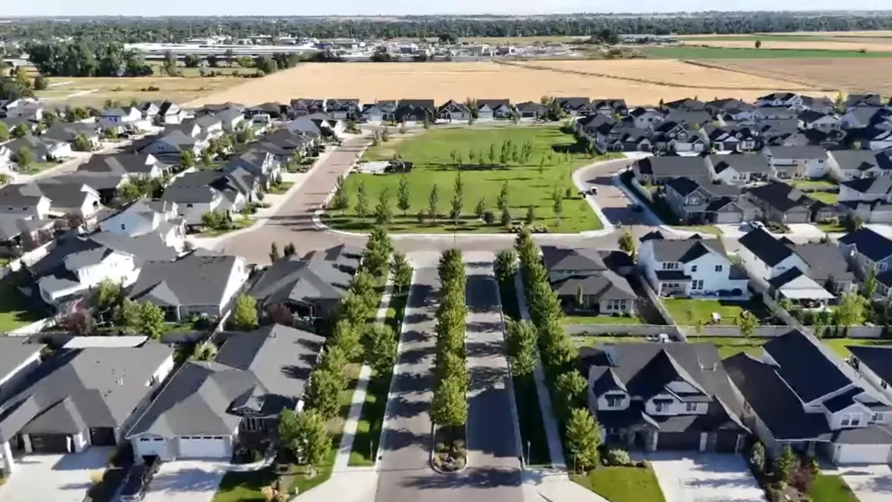 Aerial view of a Meridian Idaho housing development with green common areas