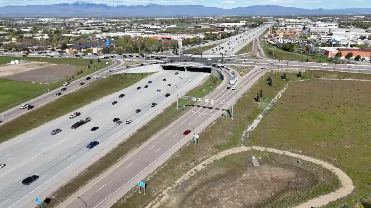 Aerial view of major highway and freeway interchange near Meridian, Idaho