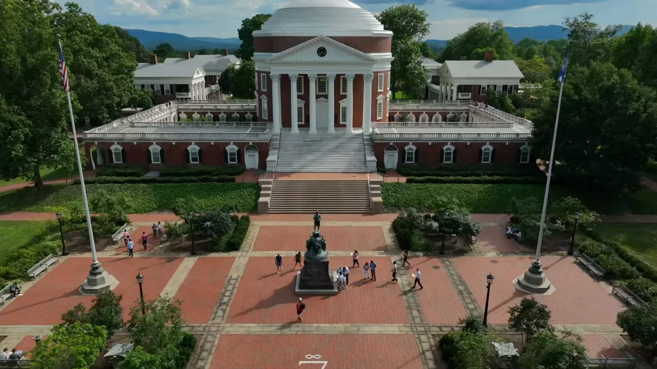 Aerial view of the University of Virginia Rotunda and Lawn