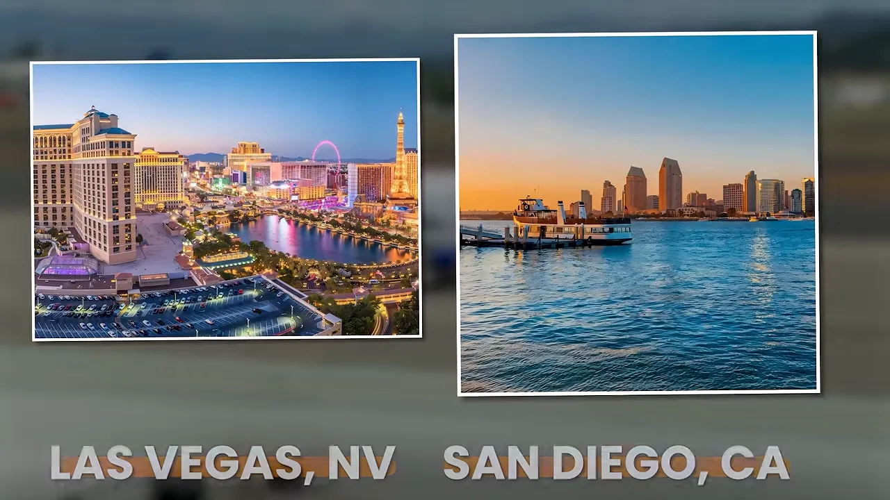 Alaska Airlines aircraft beside images labeled Las Vegas and San Diego