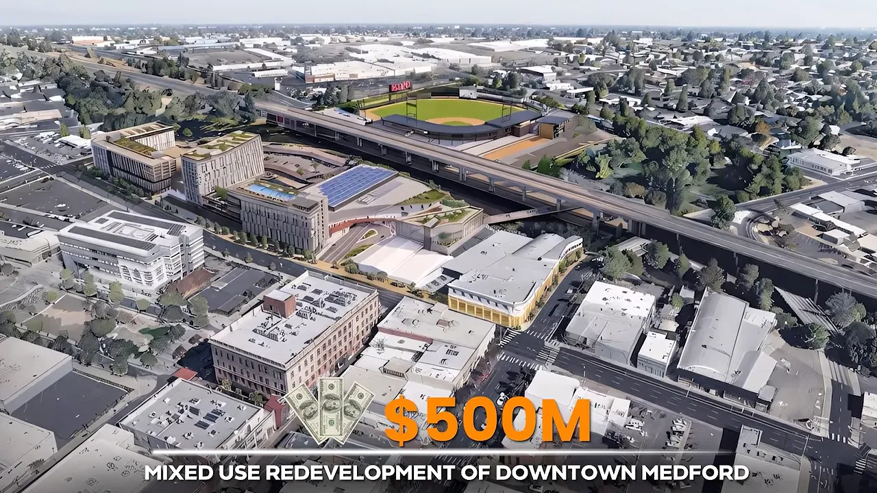 Aerial rendering of the proposed Creekside Quarter area in Medford