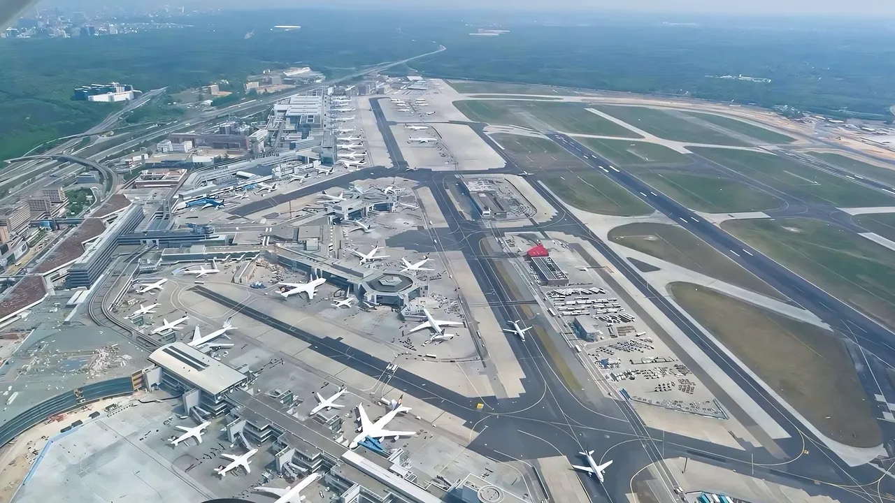 Aerial airport image with logos for Allegiant Alaska American United and Delta