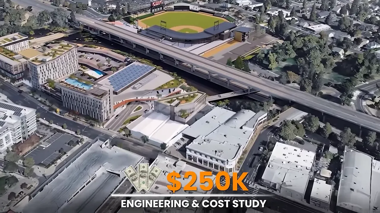 Stadium rendering and text showing a 250 thousand dollar engineering cost study
