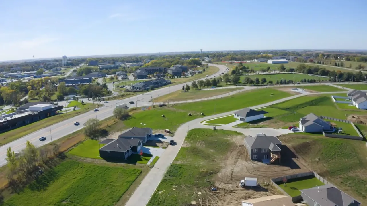 Aerial view of new homes and residential streets in Gretna Nebraska