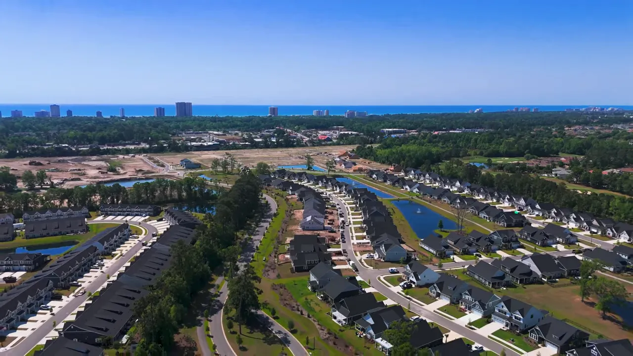 Aerial view of new construction homes and community streets near the Intracoastal Waterway in Myrtle Beach, SC