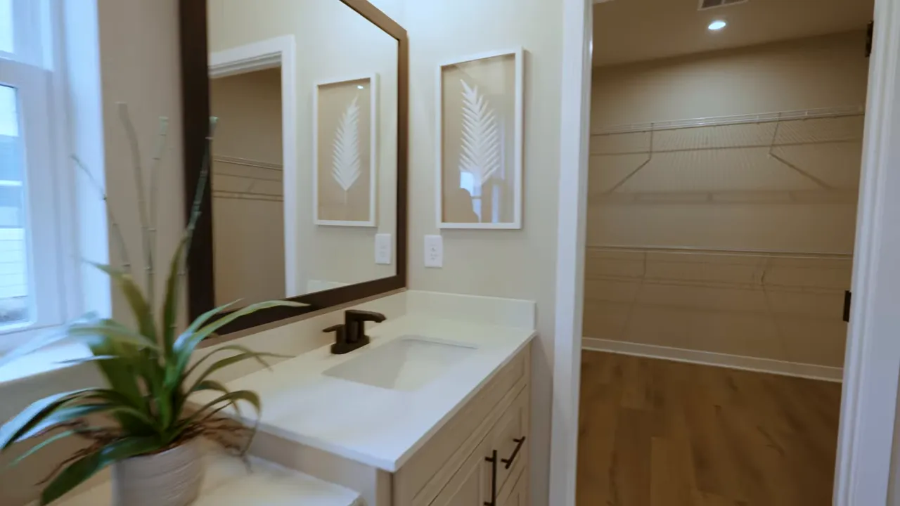 Primary bathroom dual vanity and walk-in shower in new construction home