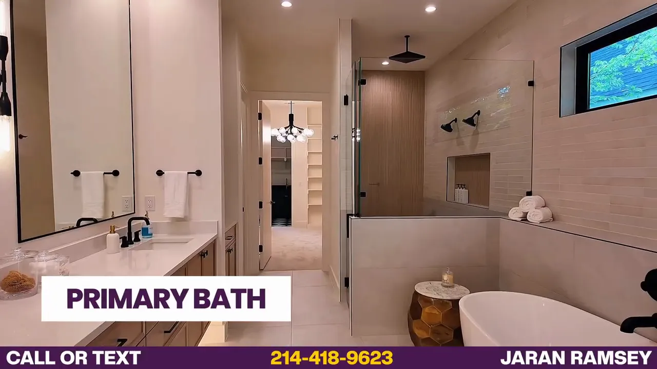 primary bathroom with floating vanity tub and large shower