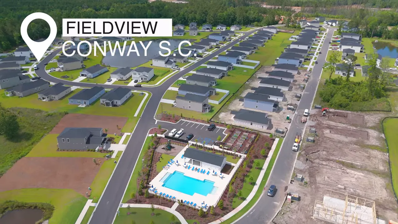 Aerial view labeled Fieldview Conway SC with community pool
