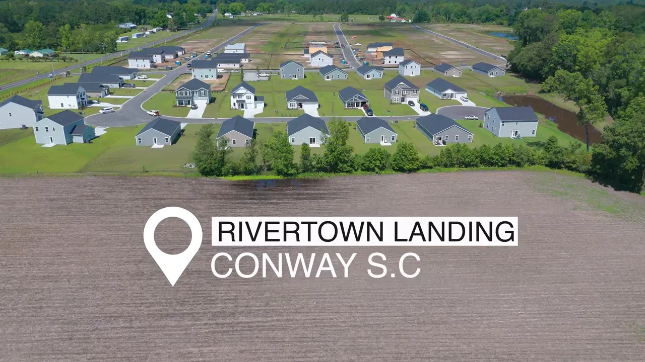 Aerial view labeled Rivertown Landing Conway SC with homes and open land