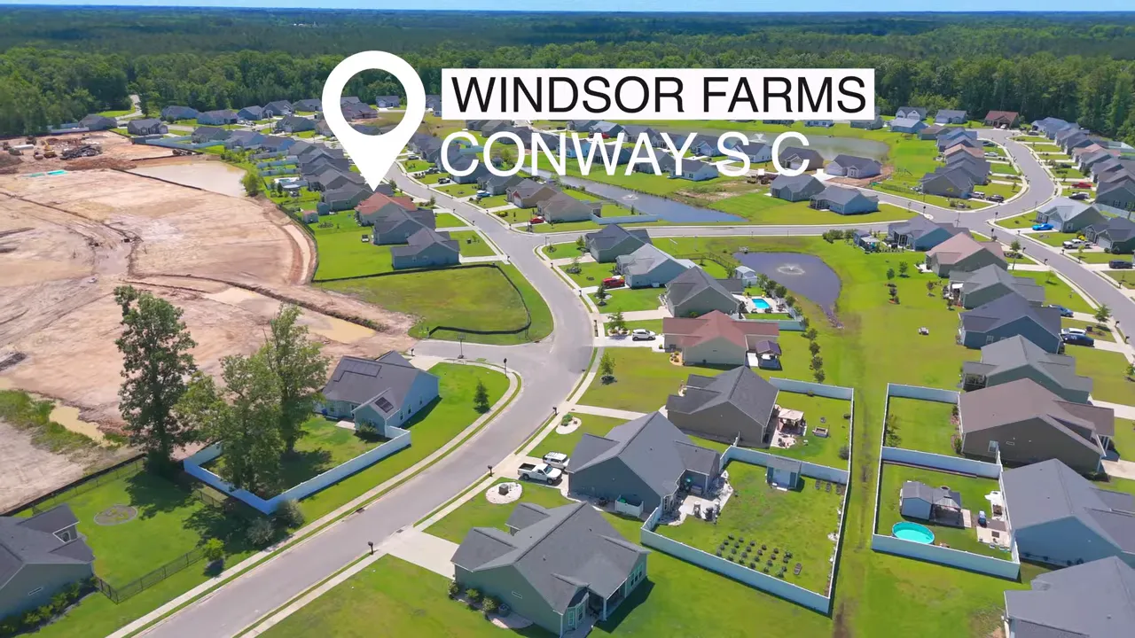 Aerial view labeled Windsor Farms Conway SC with rows of homes