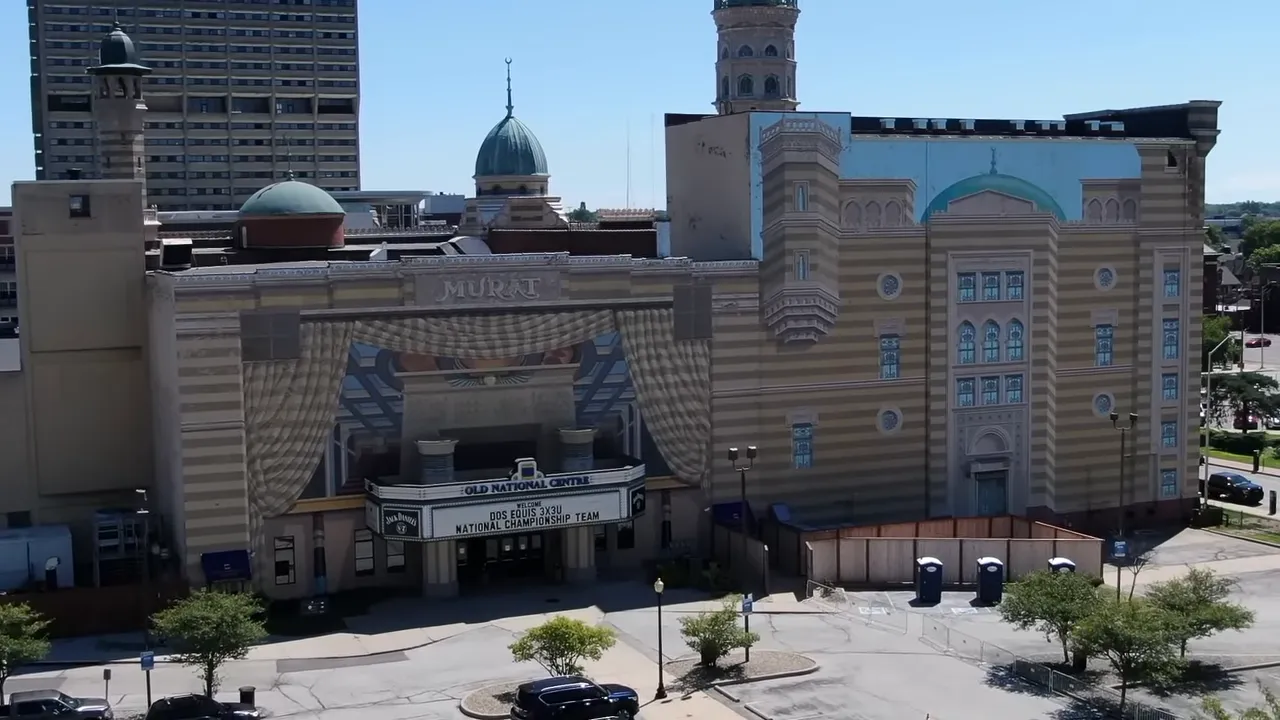 Old National Centre Murat Theatre front entrance and marquee, showing historic theater facade in Indianapolis