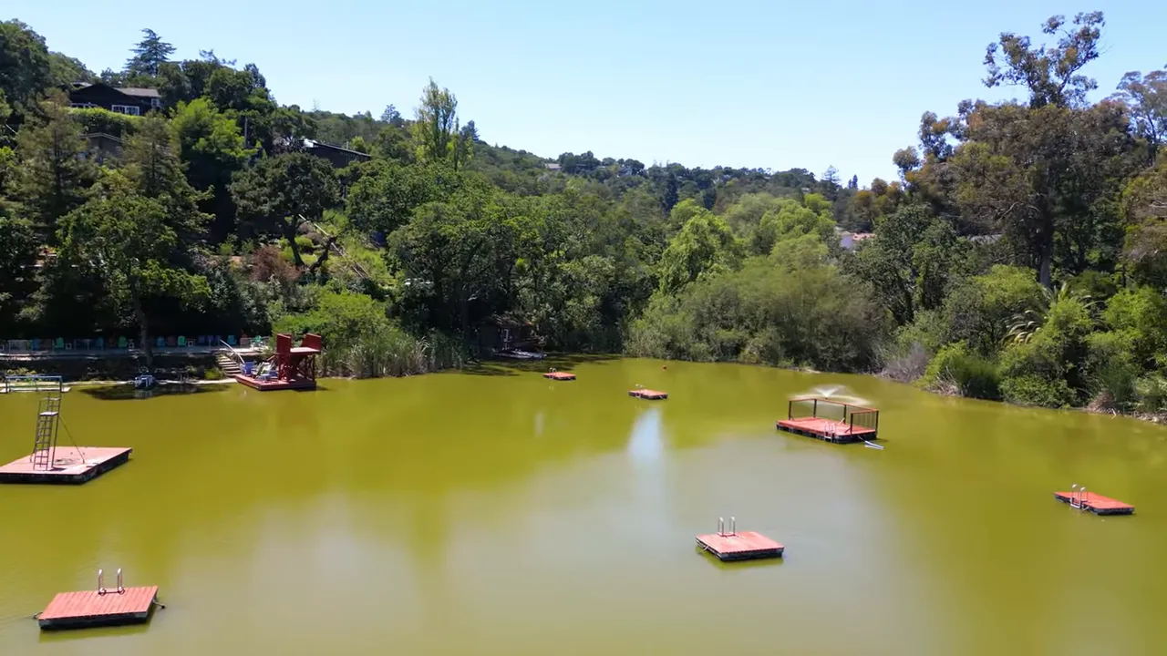 Closer aerial view of the lake showing floating platforms and surrounding tree-lined shore