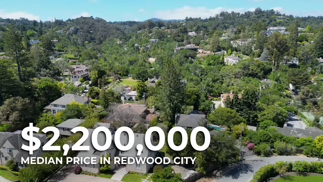 Aerial neighborhood view with text showing 2200000 median price in Redwood City