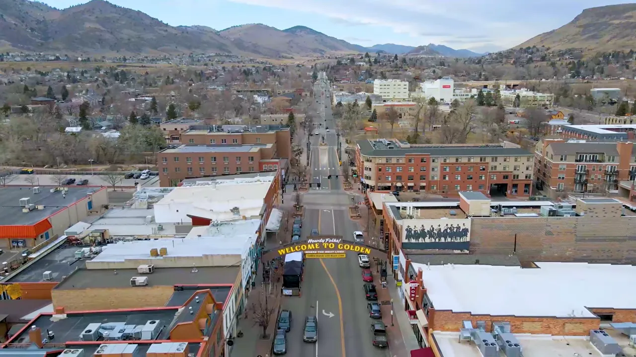 Aerial view of downtown area in the Denver metro with city streets and buildings