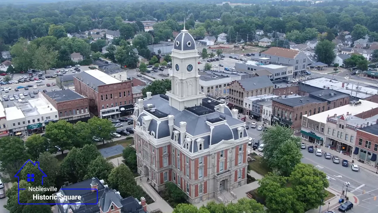 Aerial view of the historic Noblesville courthouse square and surrounding brick buildings