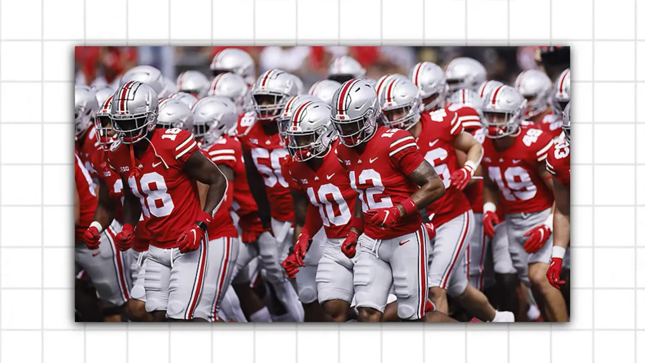 Ohio State football players in red uniforms running together on the field