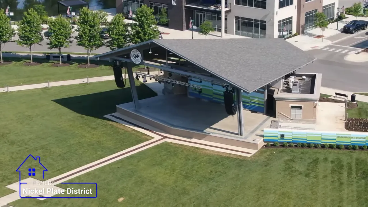 Aerial view of the Fishers amphitheater and surrounding public green space