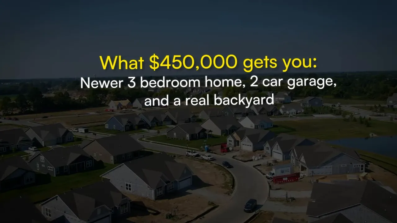 Aerial neighborhood image with text describing what 450000 dollars can buy