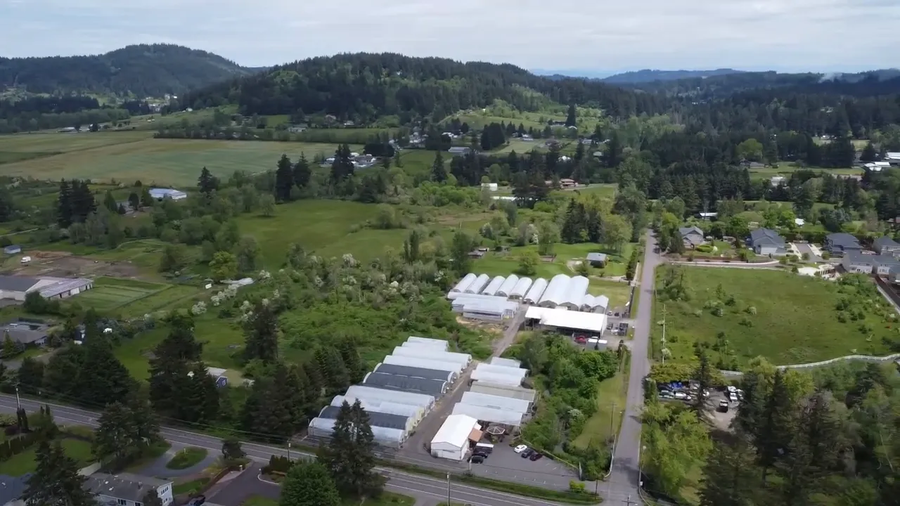 Aerial view of green fields rural roads greenhouses and nearby new residential development