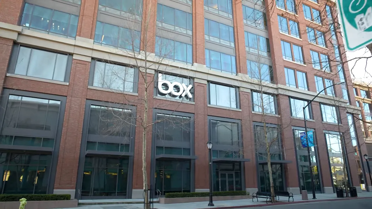 Clear view of the Box office building entrance and windows in downtown Redwood City