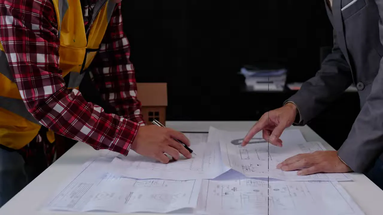 Hands reviewing and signing construction documents on blueprint plans
